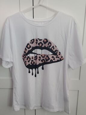 White Tee with Leopard Drip Lips Graphic